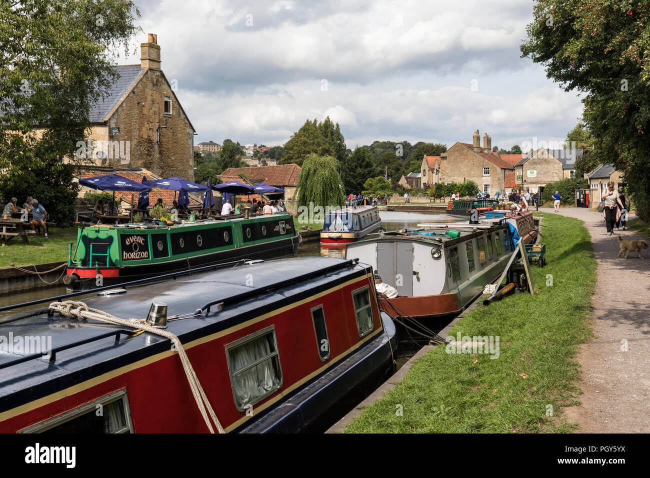 Canal boats at Bradford on Avon Wharf, Kennet and Avon Canal, Wiltshire, England, UK Stock Photo