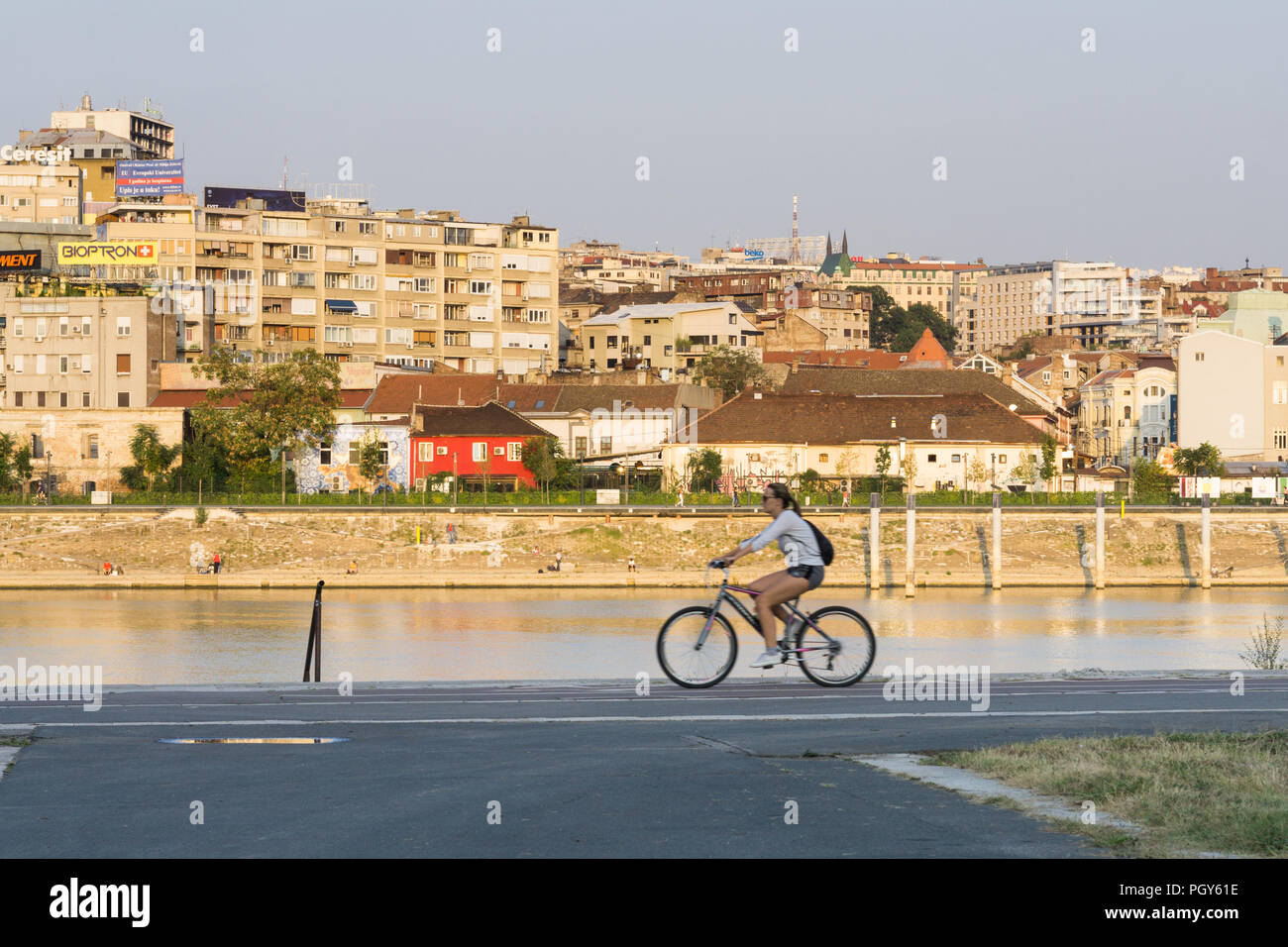 Woman cycling along the bike path at the Sava riverfront with a view of the old town of Belgrade, Serbia. Stock Photo