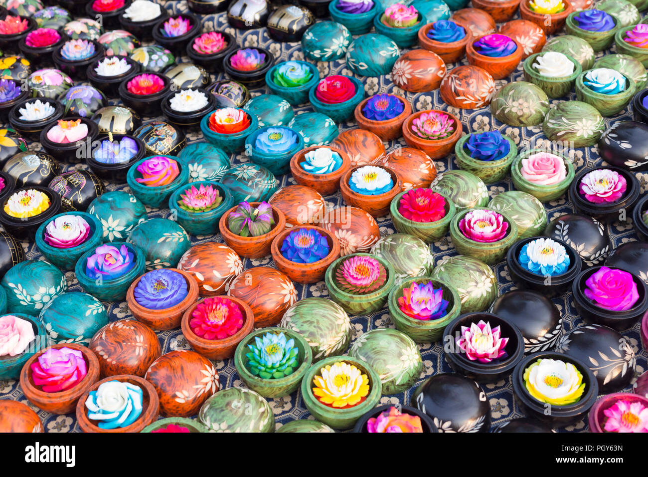 Carved soap with floral aroma on display at a market in Chiang May, Thailand Stock Photo