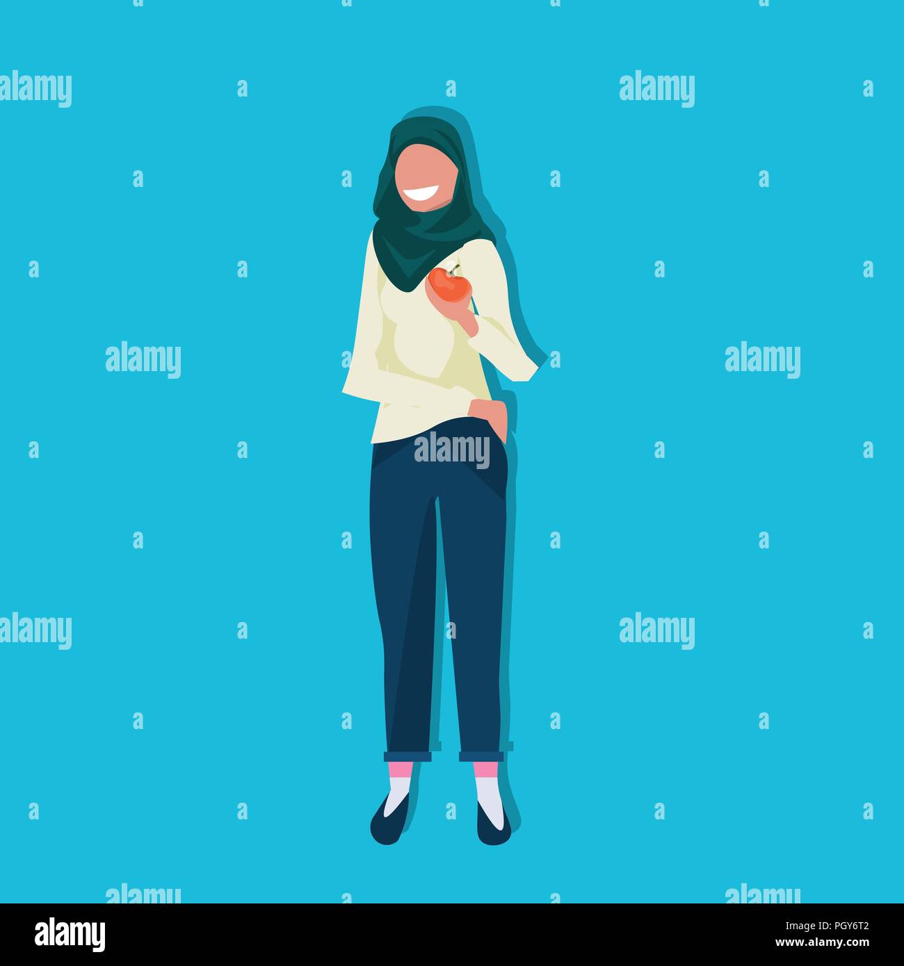 arab woman holding apple fruit healthy lifestyle concept arabic female cartoon character flat full length blue background Stock Vector