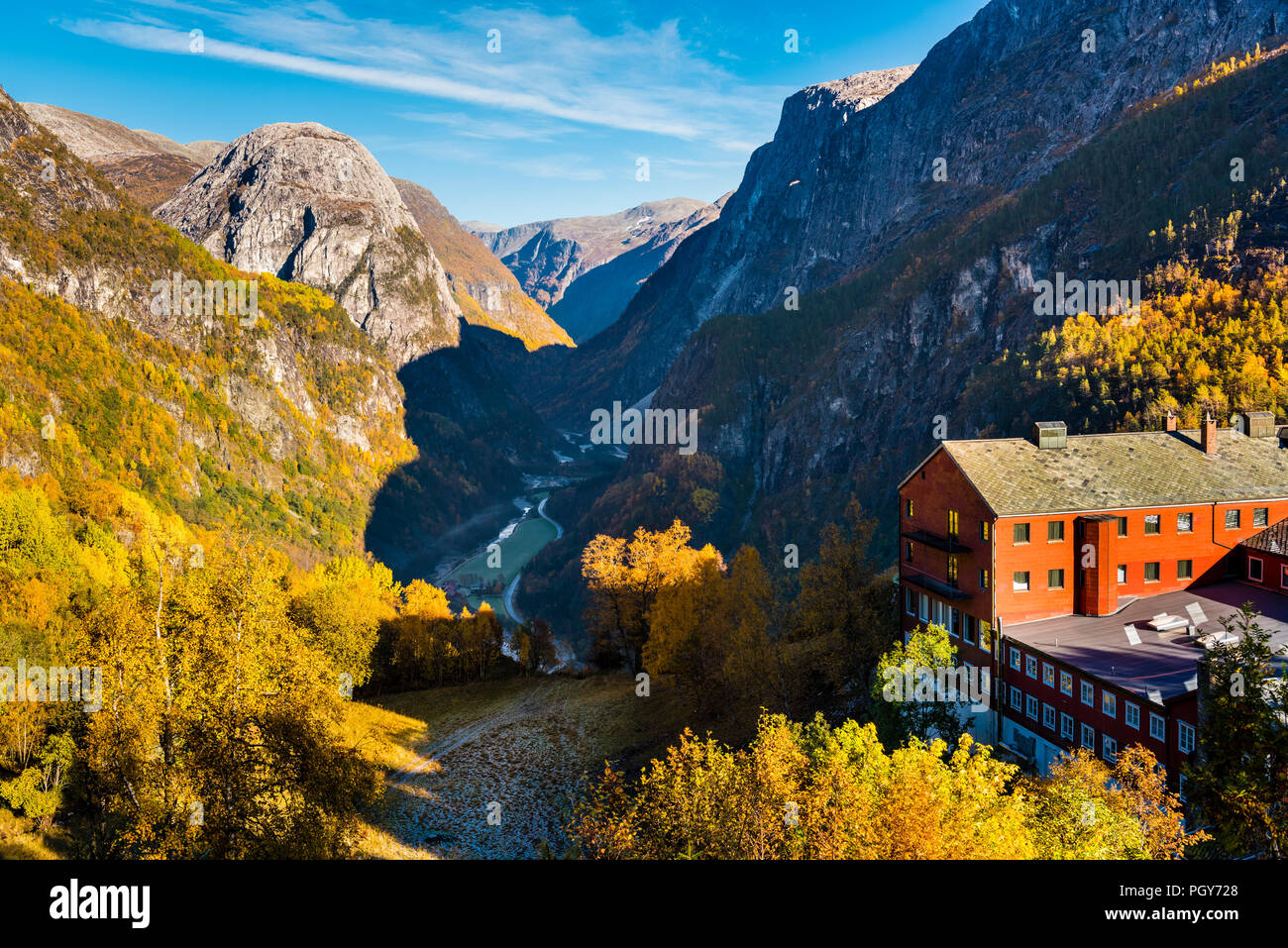 Autumn colours at the Stalheim Hotel, Western Norway between the county of Hordaland and Sogn og Fjordane, Stock Photo