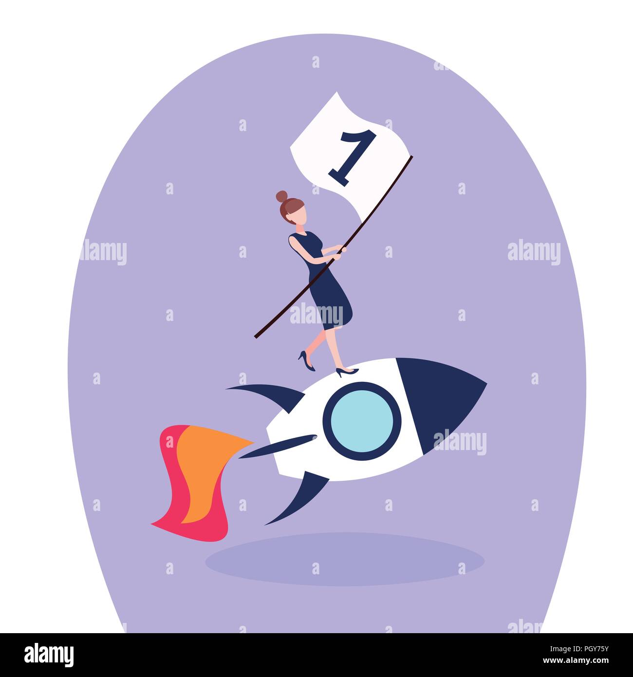 Businesswoman flying space rocket first place flag success project ...