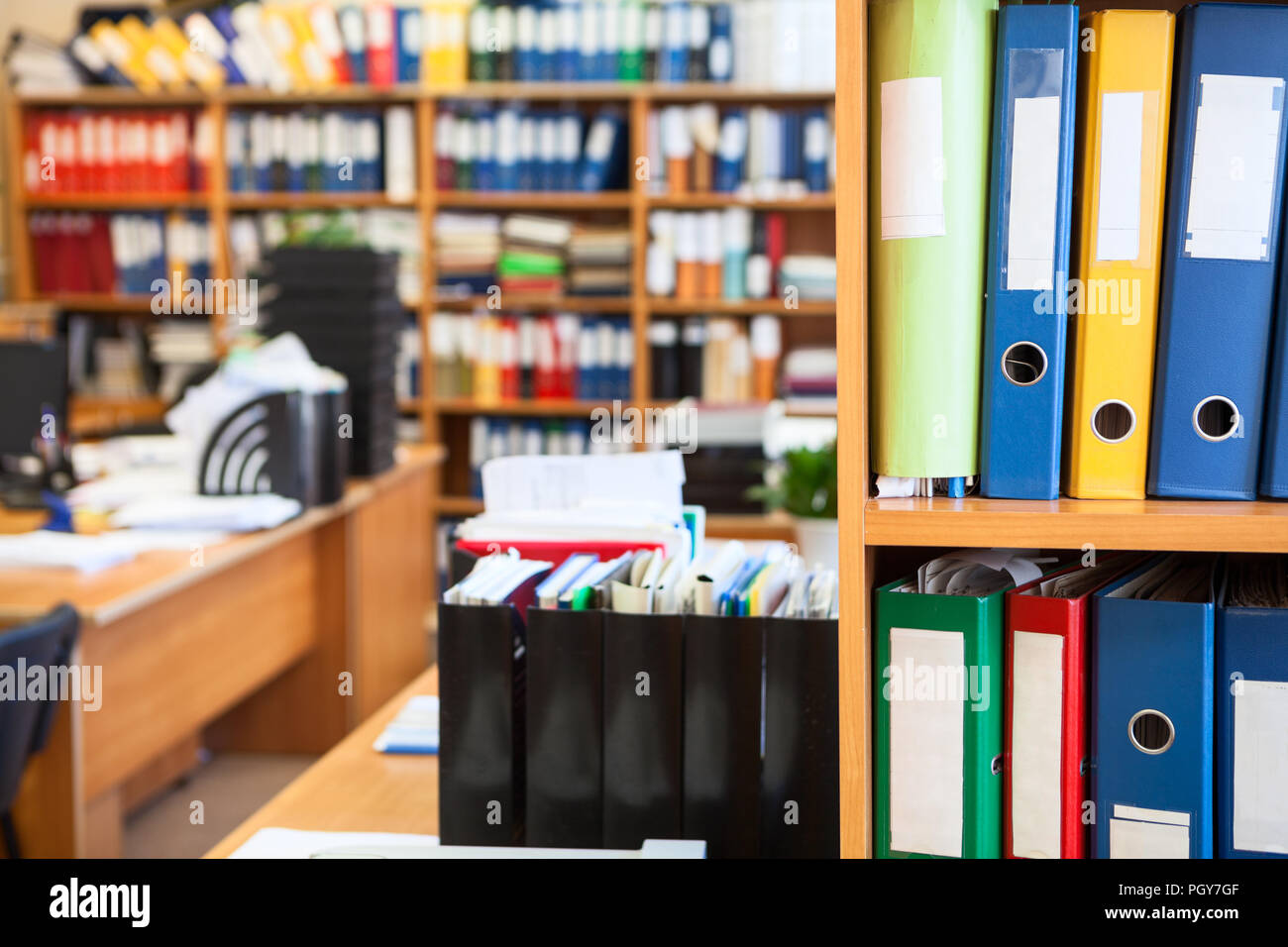 colorful file binders are on office room shelves copyspace office binders