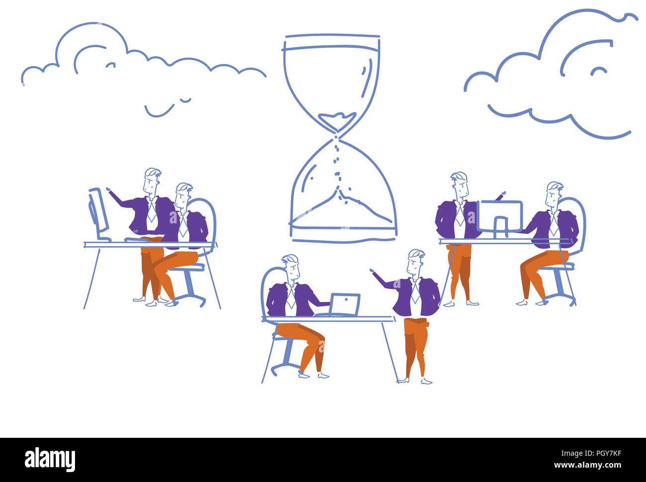 business people hardworking deadline time management concept sand watch icon teamwork brainstorming process horizontal sketch doodle Stock Vector