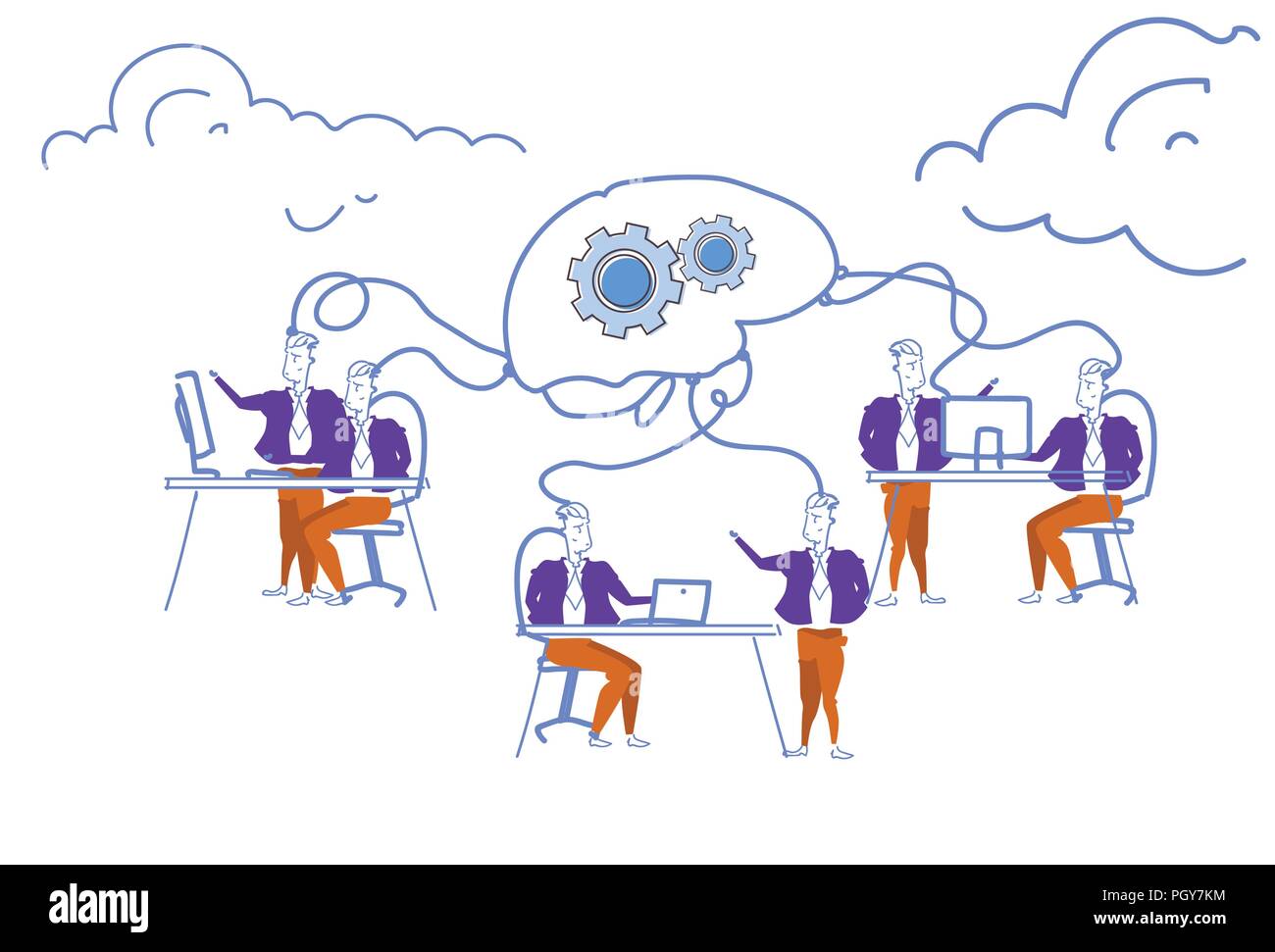business people brainstorming network process creative brain gearwheel mechanism men generating successful project processing horizontal sketch doodle Stock Vector
