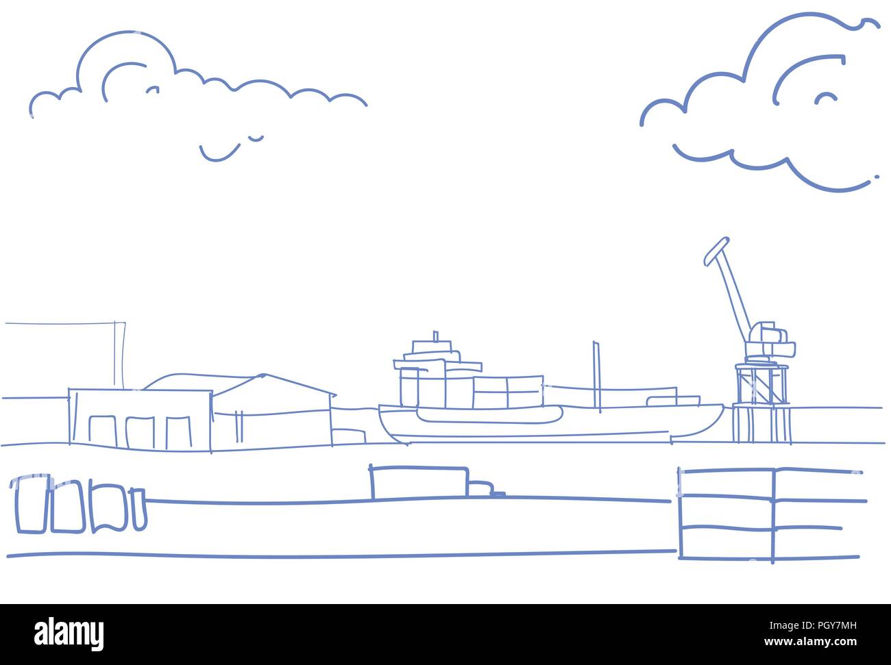 Industrial sea port cargo freight ship crane water delivery transportation concept warehouse shipping dock sketch doodle horizontal Stock Vector