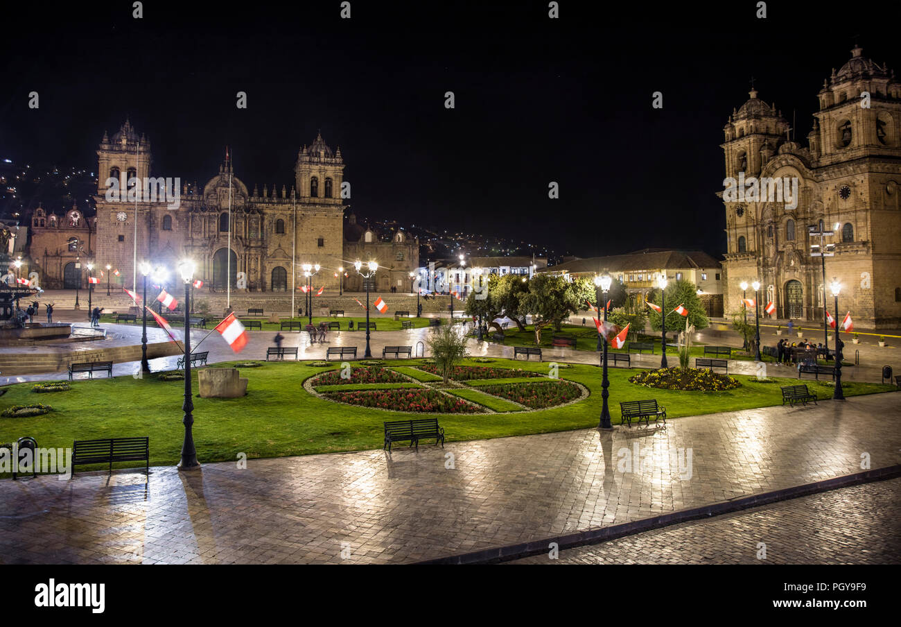 Plaza de Armas (or Plaza Mayor) in the historic center of Cusco, Peru, at night Stock Photo