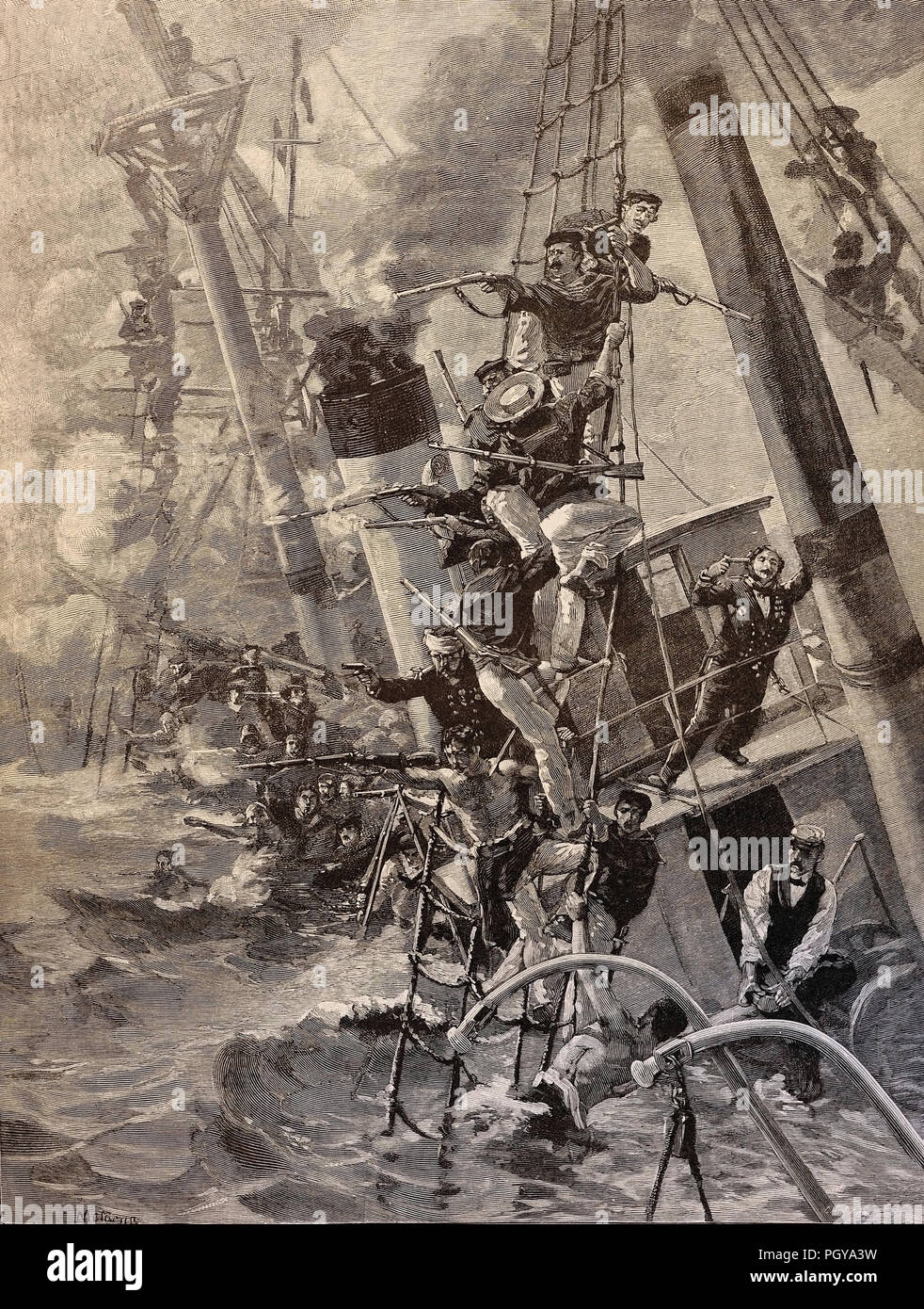 Battle of Lissa ( now Vis island - Croatia ) 20 July 1866 - Xilografia di Edoardo Matania Treves Editori 1889 Stock Photo