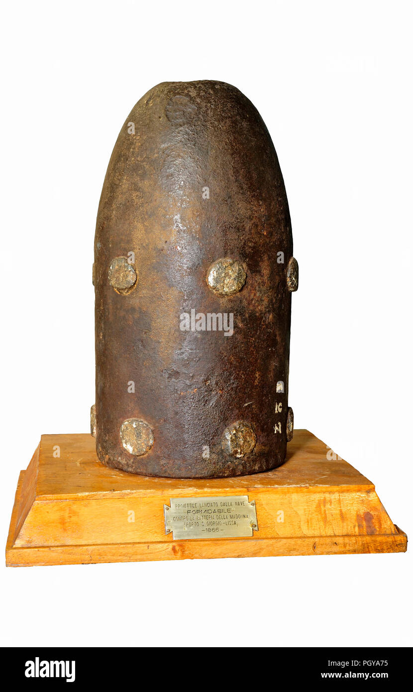 Projectile of the Royal Ship Formidabile launched by the unit against the battery of the Madonna in Porto San Giorgio di Lissa CAlibro m 0, 16 height M 0.32. Ball projectile against Fortifications Stock Photo