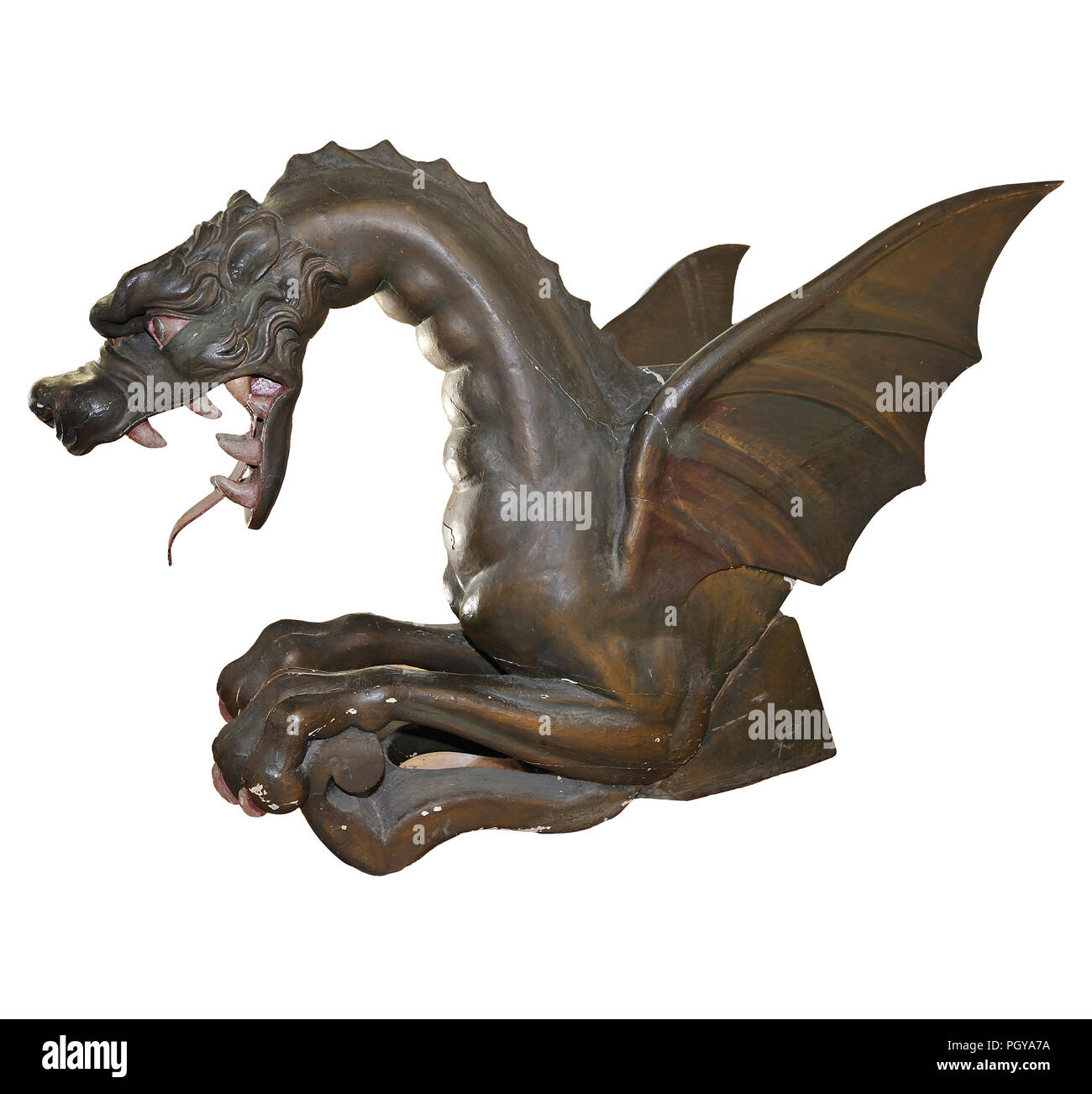 figurehead of I.R. Drake Armored Frigate wood high M.1,30 represents the front of a winged dragon. It was installed on Austro Ungarica units built in 1861 in San Marco yards of Trieste and participated in the battle of Lissa Stock Photo