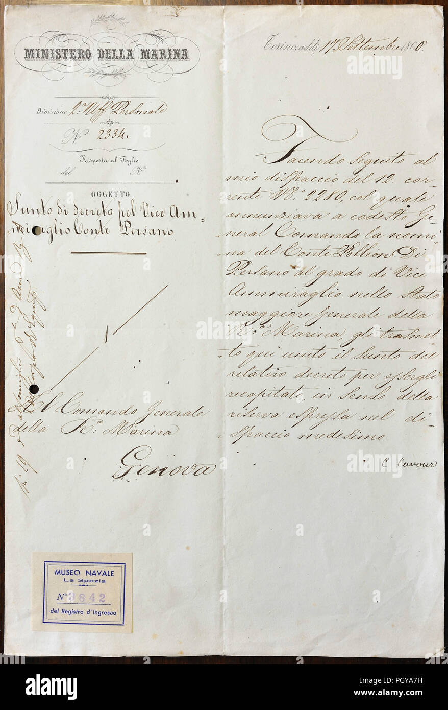 Original letter from the Ministry of the Navy No. 2334 of 17/9/1860. Promotion decree to Vice Admiral of the Carlo Pellion of Persano. He participated in Lissa | Stock Photo