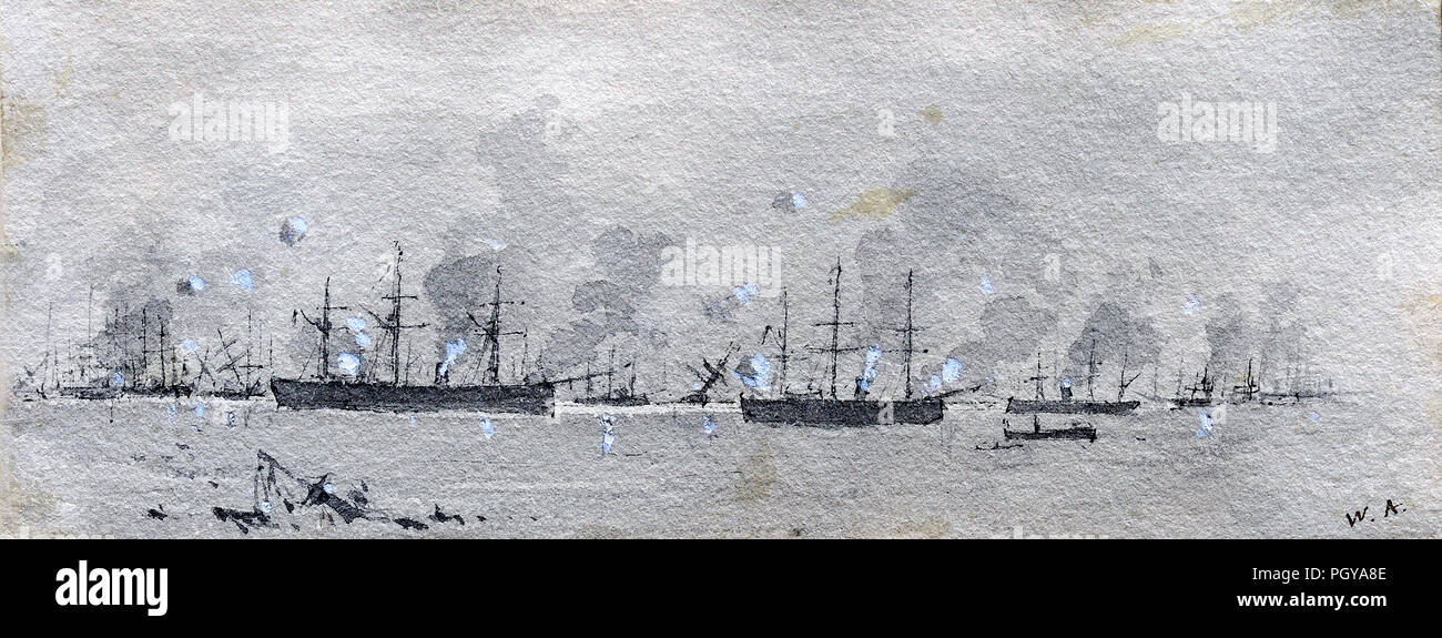 Watercolor depicting the battle of Lissa Stock Photo