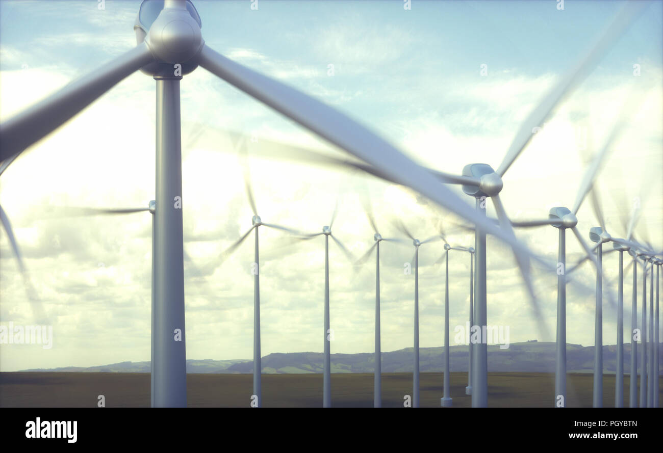 Wind farms in wind power generation. Mechanical energy being transformed into electrical energy. Stock Photo