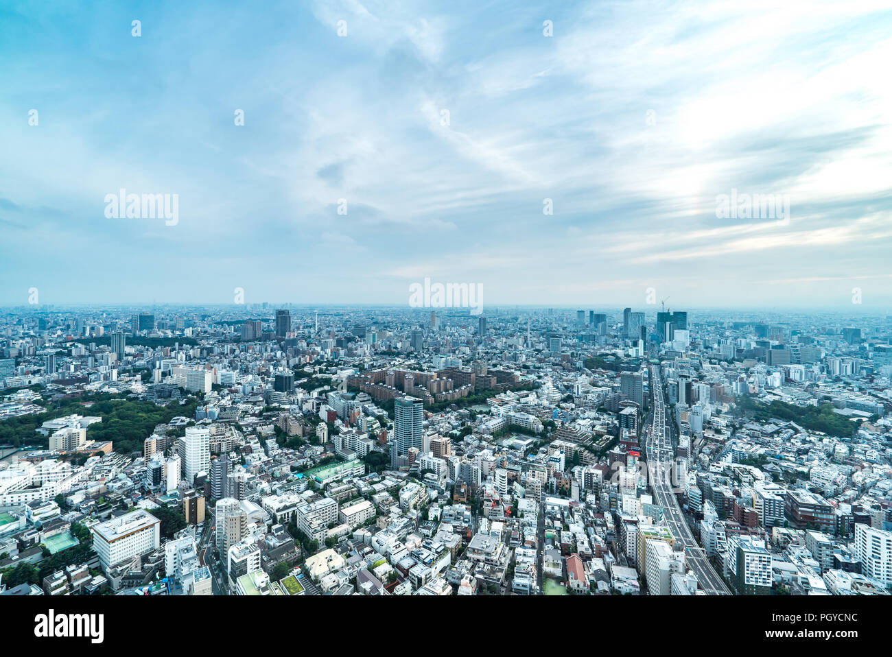 Asia Business concept for real estate and corporate construction - panoramic modern city skyline bird eye aerial view of vivid blue sky in Roppongi Hi Stock Photo