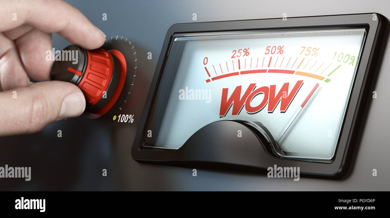 Man turning a knob to improve marketing campaign and the wow factor. Composite image between a hand photography and a 3D background. Stock Photo