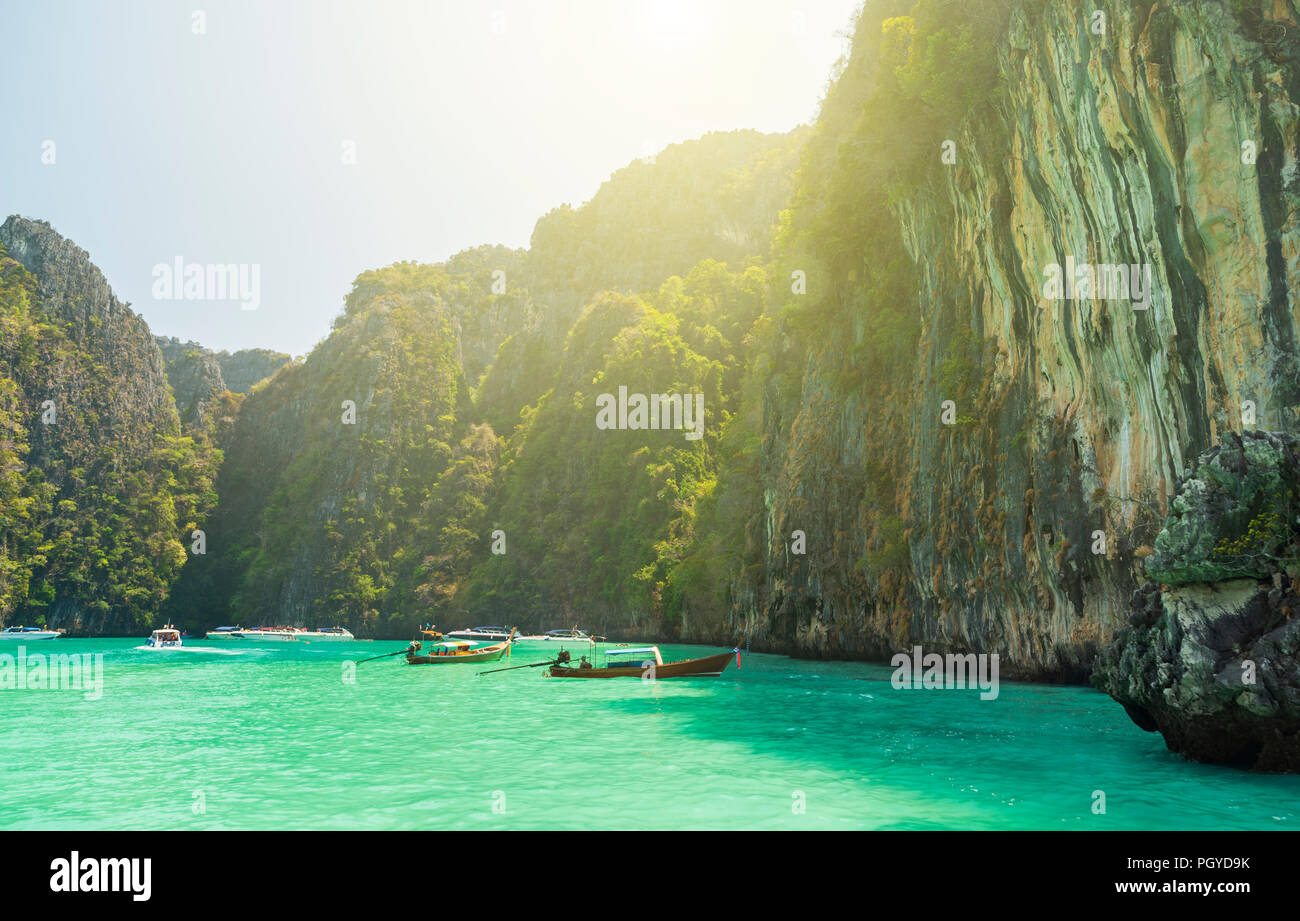 Travel vacation background - Tropical island with resorts - Phi-Phi island, Krabi Province, Thailand. Stock Photo
