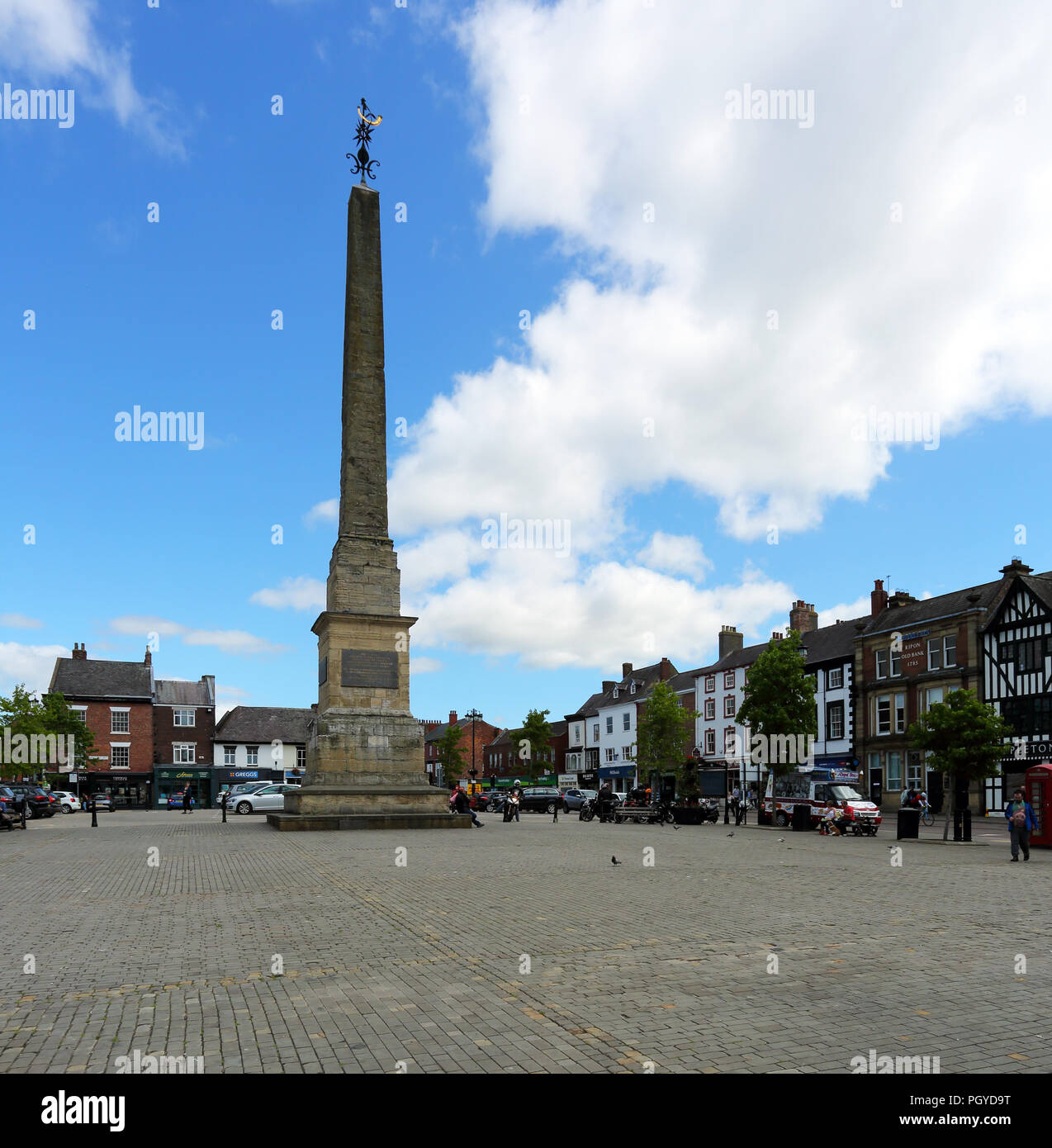The main square in Ripon, North Yorkshire, England, showing the tall memorial monument. Stock Photo
