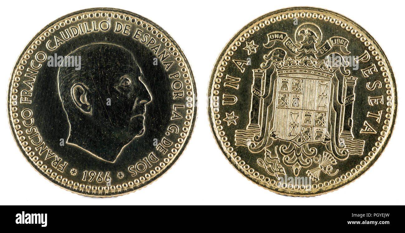 Old Spanish coin of 1 peseta, Francisco Franco. Year 1966, 19 73 in the stars. Stock Photo