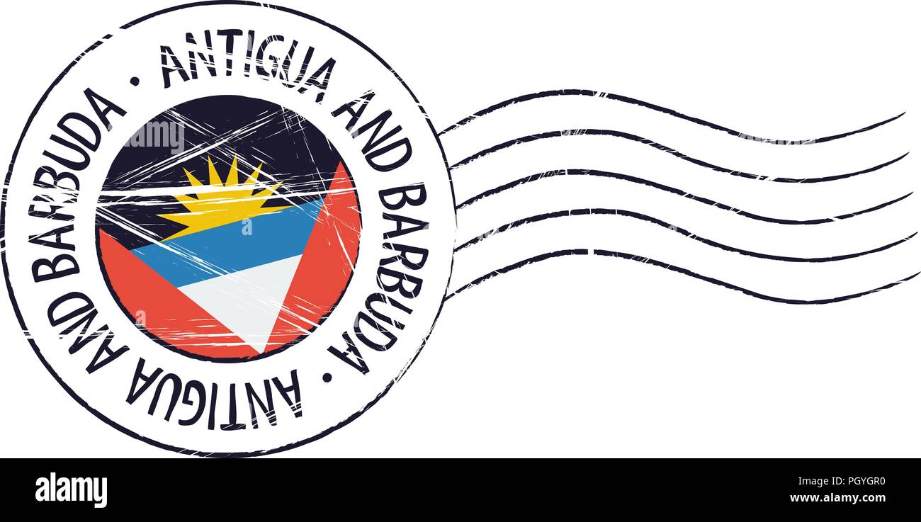 Antigua and Barbuda grunge postal stamp and flag on white background