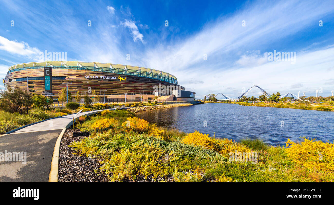 Optus Stadium surrounded by parkland. Stock Photo