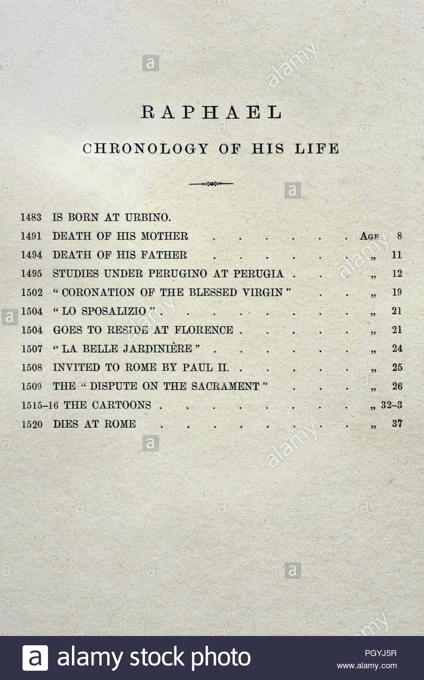 Raphael Chronology of his life, Raphael 1483 – 1520, was an Italian painter and architect of the High Renaissance, chronology from antique book 1880 Stock Photo