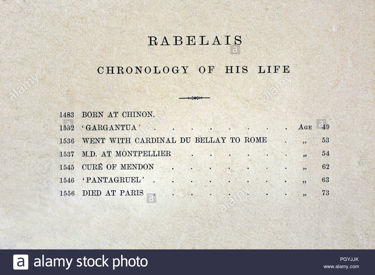 François Rabelais chronology of his life, was a French Renaissance writer, physician, Renaissance humanist, monk and Greek scholar, chronology from antique book 1880 Stock Photo