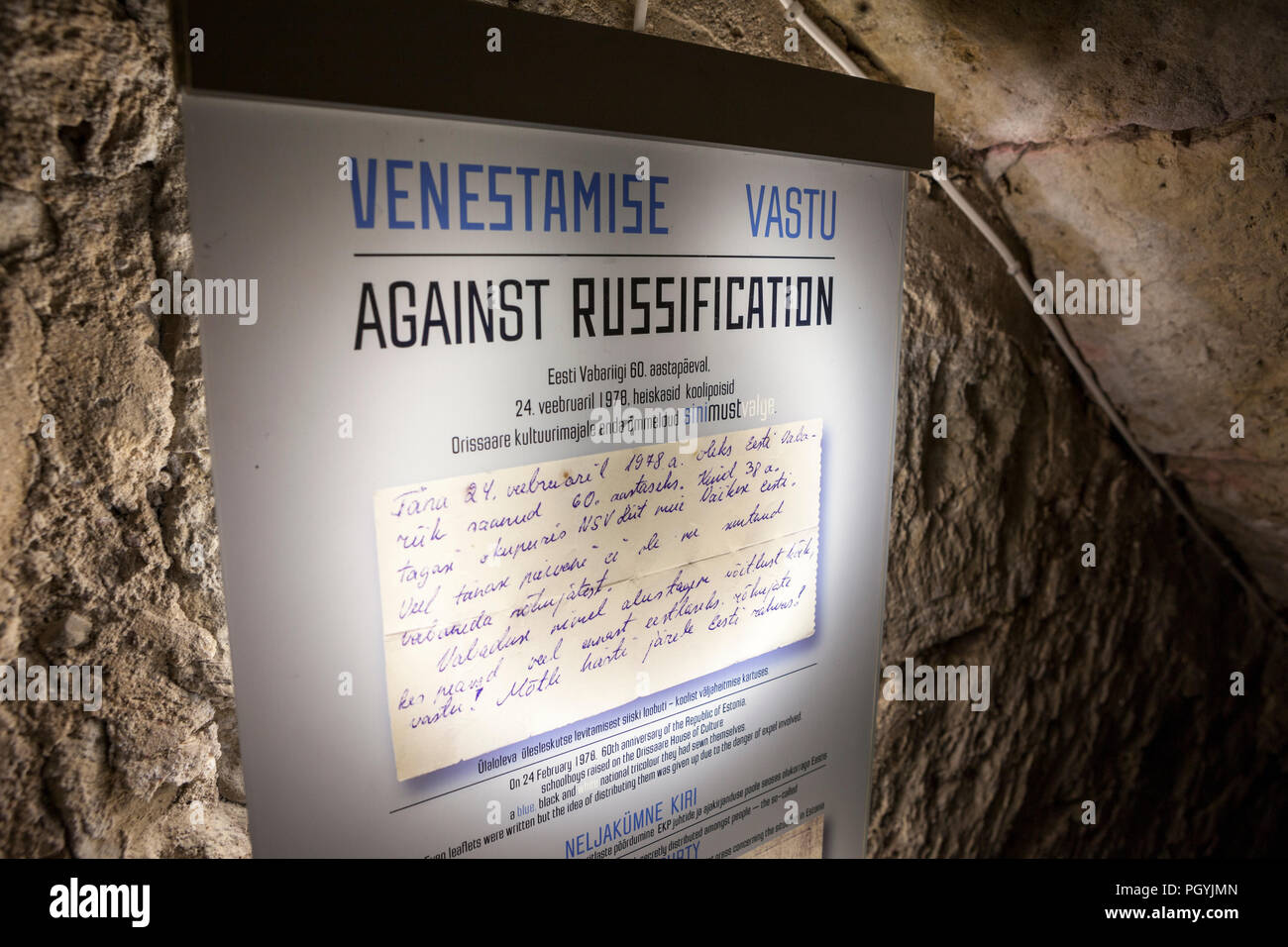 KURESSAARE, ESTONIA - CIRCA MAR, 2018: Handwritten text 'Against Russification', written during the 60th anniversary of the Republic of Estonia in 197 Stock Photo