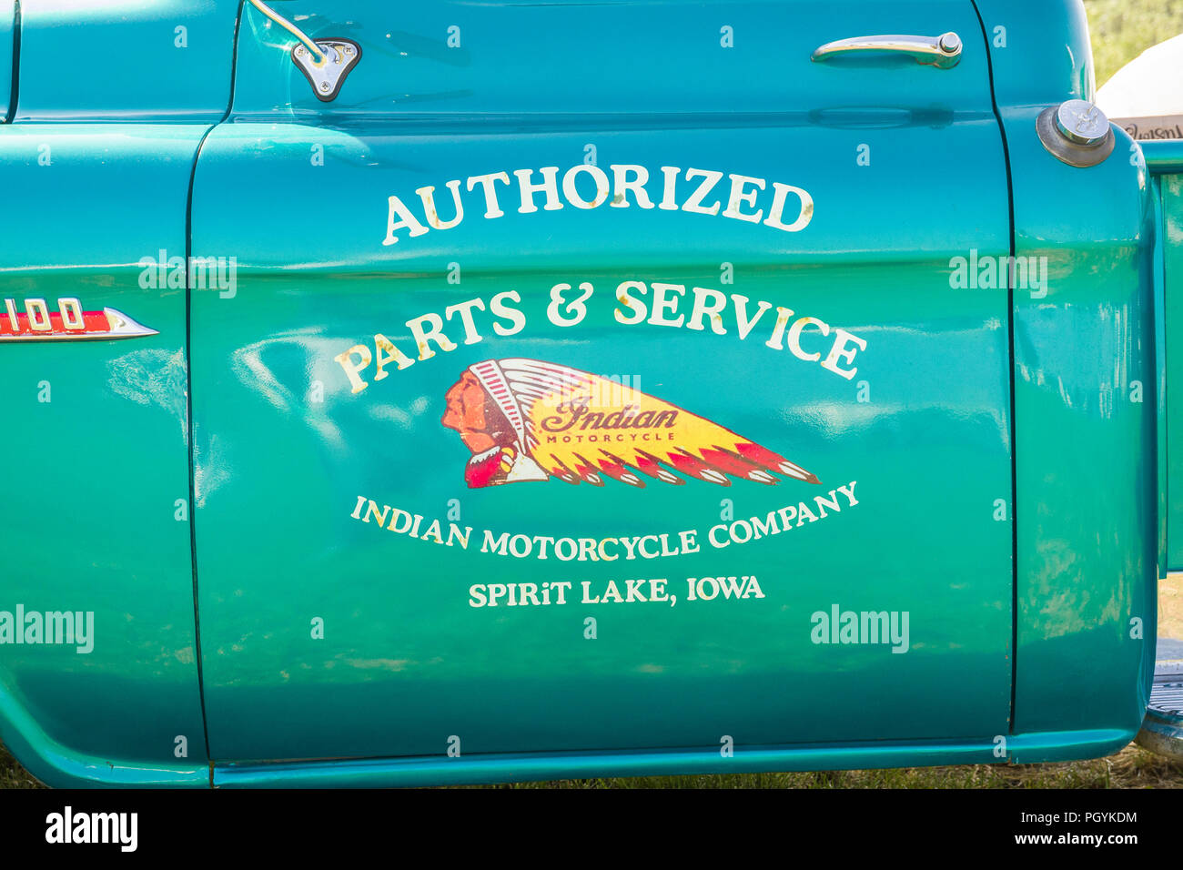 Trading details on the side door of an old American Chevrolet 3100 truck on display at an English Show in 2018 Stock Photo