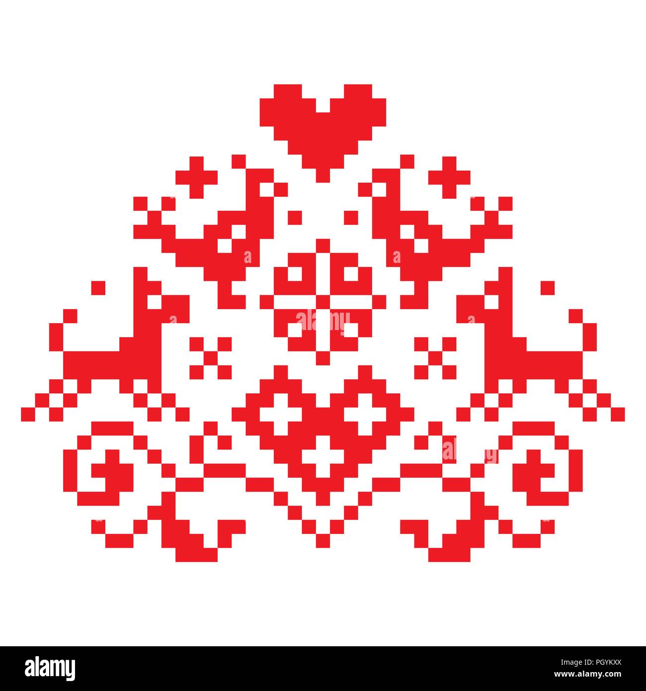 Cross stitch vector seamless folk art single pattern with flowers and animals - retro background inspired German old style retro embroidery Stock Vector