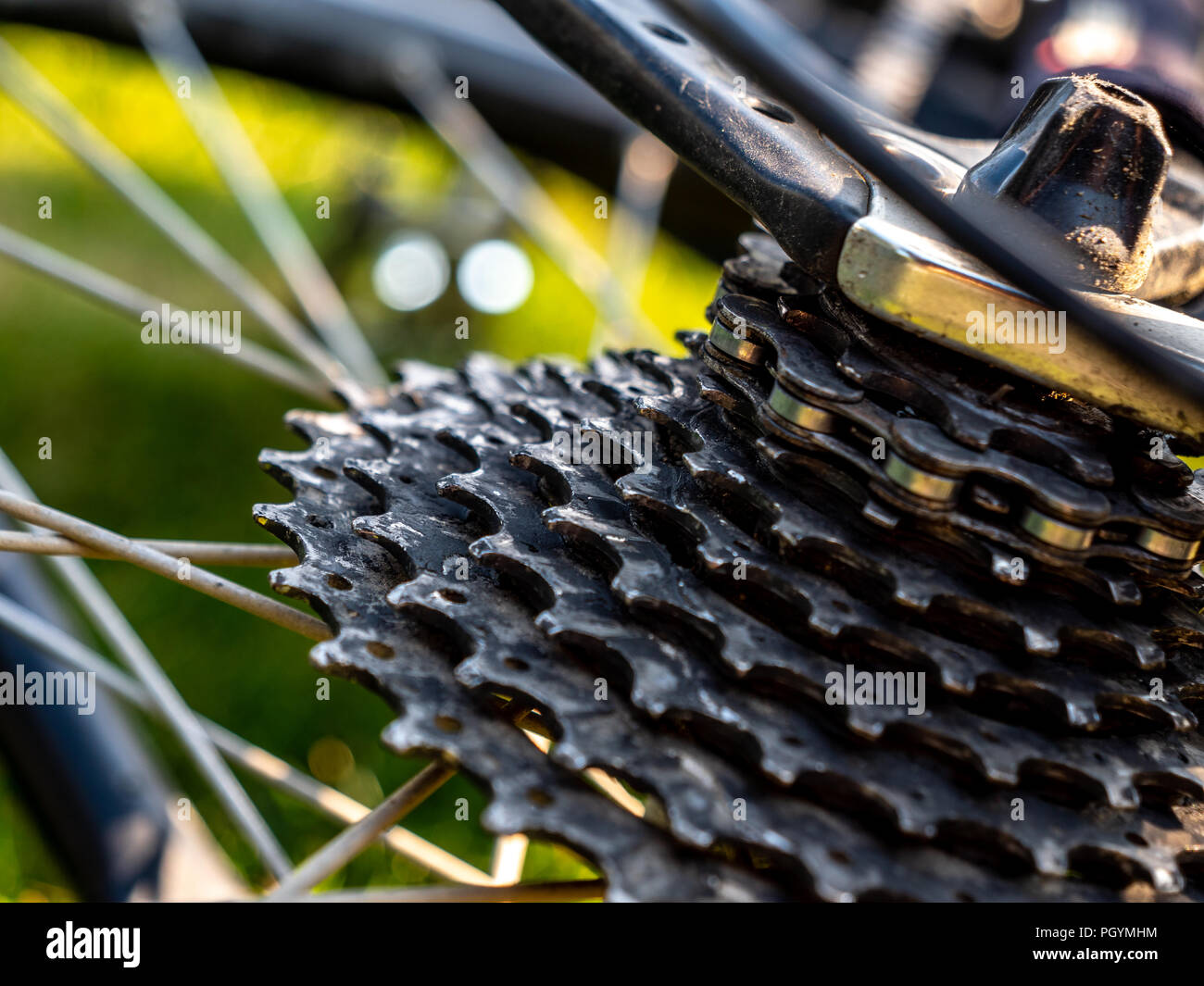 bike chaining gear shift system used mountain bike crankset Stock Photo