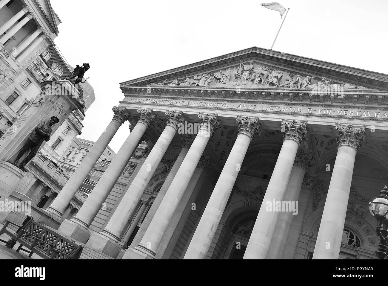 the Royal Exchange in City of London, England.  Black and white photo. Stock Photo