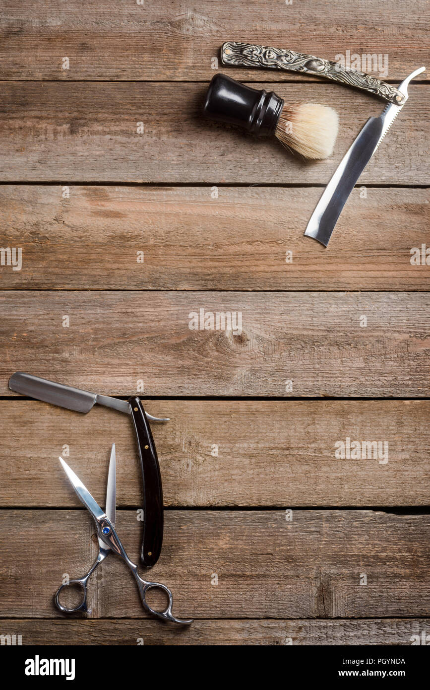 Vintage straight razors and scissors Stock Photo Alamy