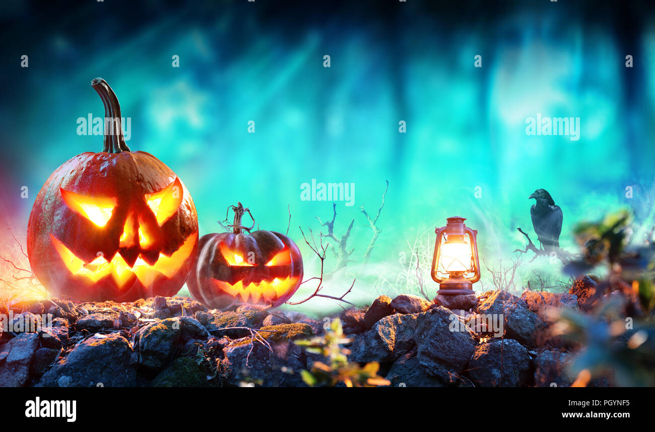 Halloween Pumpkins In Spooky Forest With Lantern And Crow Stock Photo