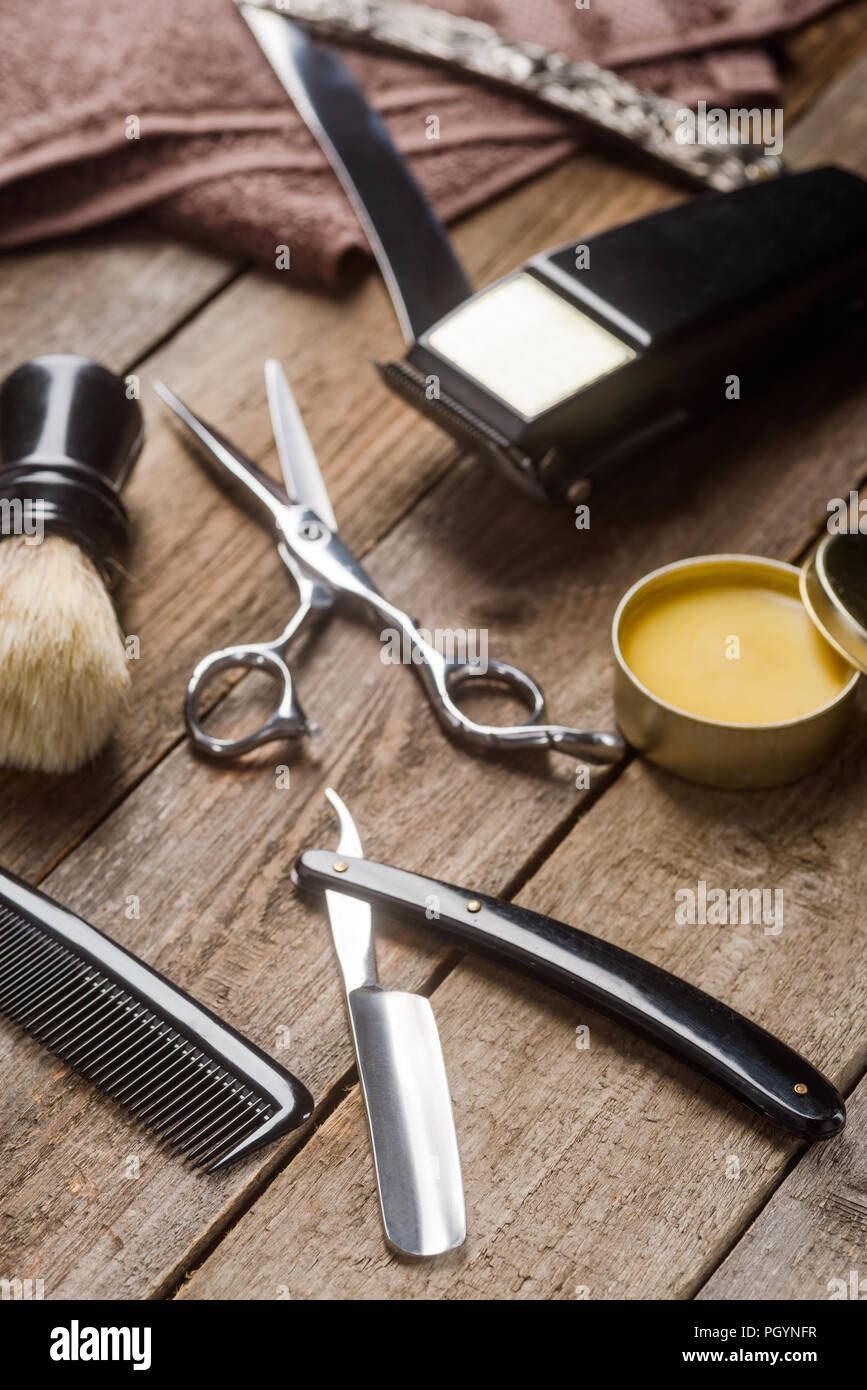 Wax, straight razor and scissors Stock Photo Alamy