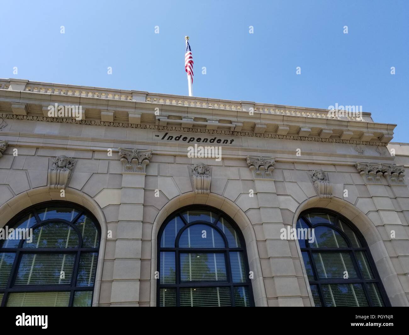 Facade of historic Bank of Italy building, which originally housed the 13th branch of the Bank of Italy, later the Bank of America, in downtown Livermore, California, August 16, 2018. () Stock Photo