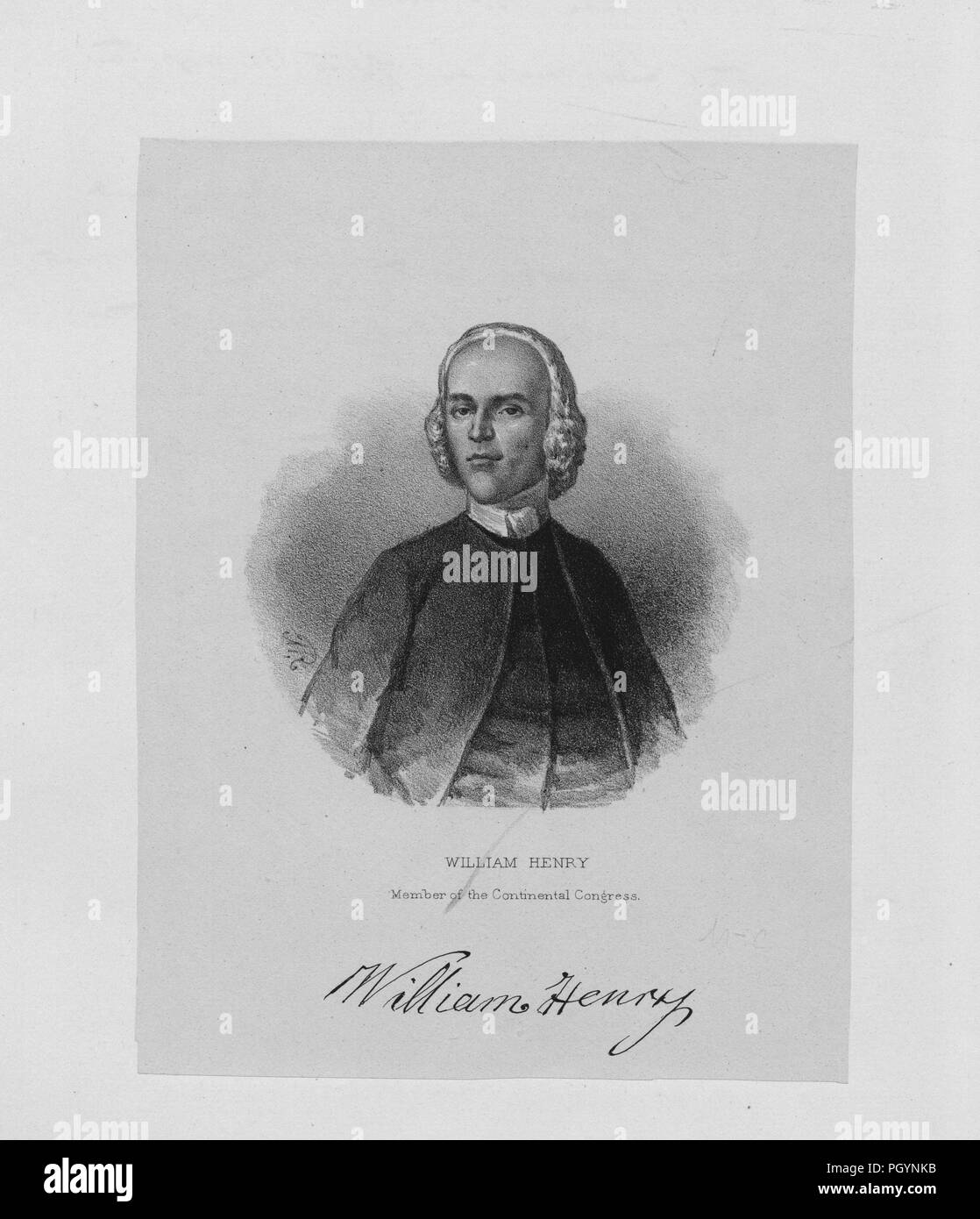 Black and white vintage print of William Henry, a gunsmith, engineer, merchant, and Pennsylvania delegate to the Continental Congress, depicted from the waist up, facing the viewer, with a serious expression on his face, wearing a wig, a dark jacket and vest, and an ascot tie, 1841. From the New York Public Library. () Stock Photo