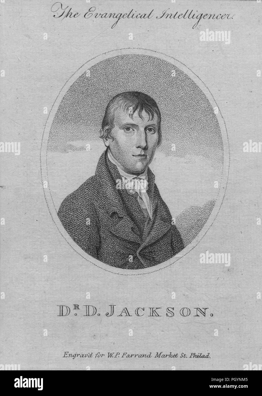 Black and white vintage print of Dr David Jackson, an apothecary, physician, and Continental Congress delegate from Pennsylvania, depicted from the chest up, facing the viewer, with a serious expression on his face, wearing a high-collared dark jacket, and a white ruffled ascot, engraved for WP Farrand, in Market Street, Philadelphia, Pennsylvania, USA, 1841. From the New York Public Library. () Stock Photo