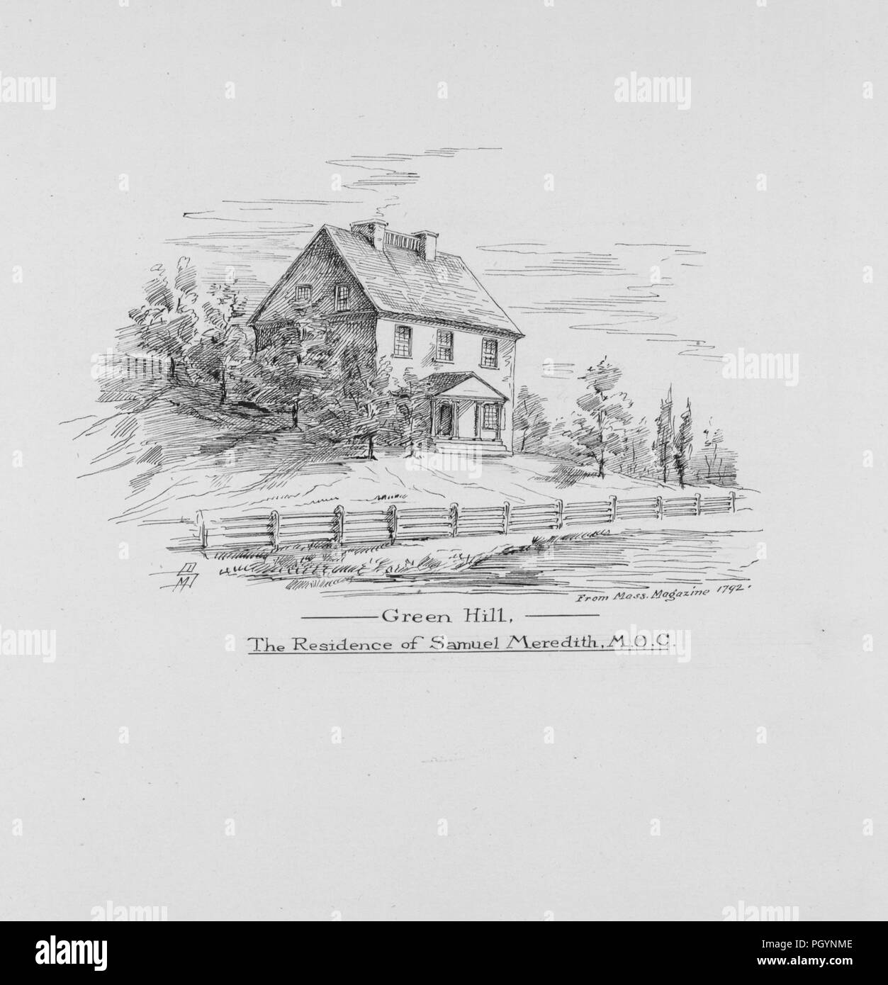 Black and white vintage print, depicting a two-story house, with two chimneys and a gabled roof, set on a gentle slope, with trees at each side and a fence in the foreground, captioned 'Green Hill, the Residence of Samuel Meredith, MOC, ' engraved by Samuel Hill, drawn by Jacob Hoffman, published in 'The Massachusetts Magazine, or, Monthly Museum of Knowledge and Rational Entertainment, ' and located near Philadelphia, Pennsylvania, USA, 1792. From the New York Public Library. () Stock Photo