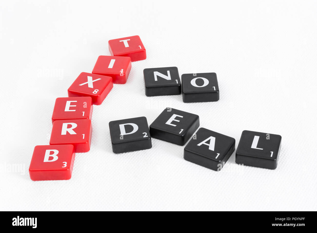 BREXIT / Brexit negotiations end game - deal or no deal? Letter tiles on textured neutral backdrop. EU UK relationship concept, No-Deal Brexit. Stock Photo