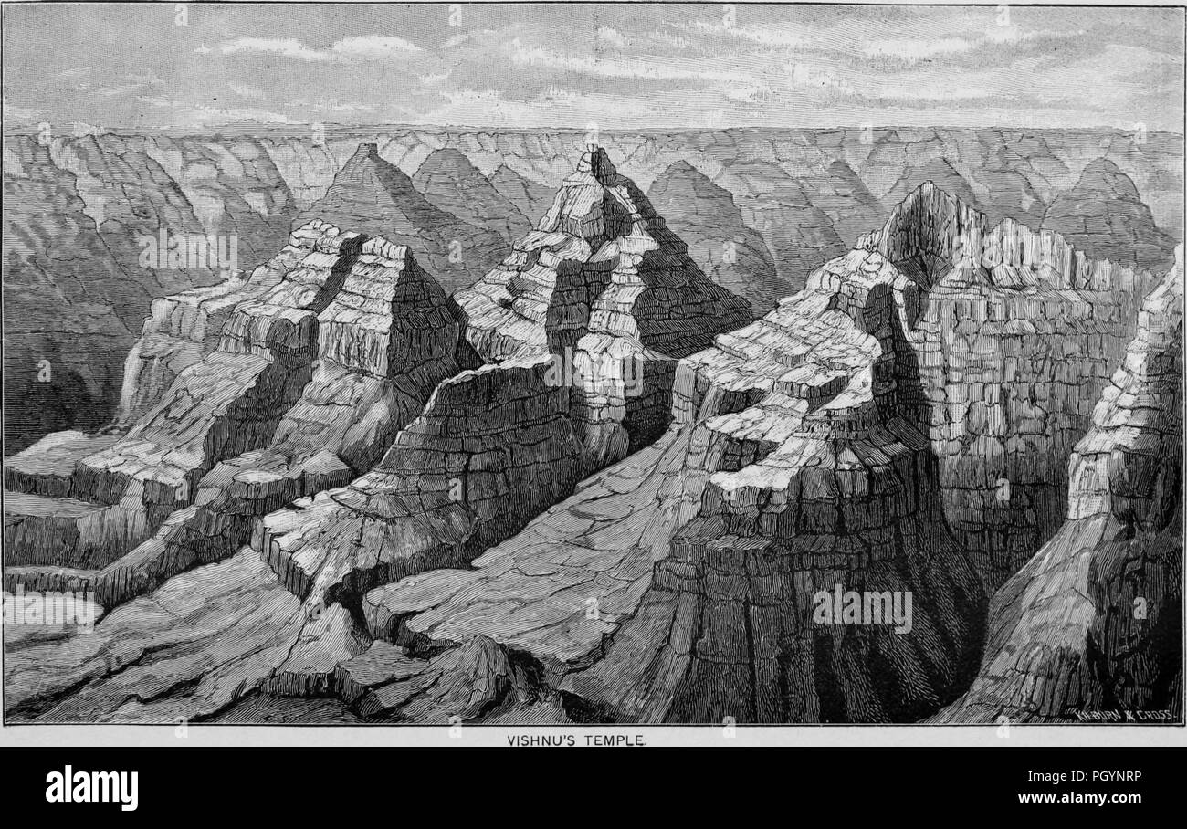 Black and white vintage print, captioned 'Vishnu's Temple, ' depicting a temple shaped butte in the Grand Canyon, located near Point Sublime and the Kaibab National Forest in northern Arizona, USA, published in William Makepeace Thayer's volume 'Marvels of the New West', 1887. Courtesy Internet Archive. () Stock Photo