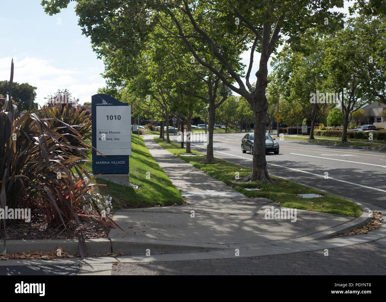 Sign for materials company Aqua Metals and biotechnology company Biotime in the Marina Village office park on the Alameda, California, May 14, 2018. () Stock Photo