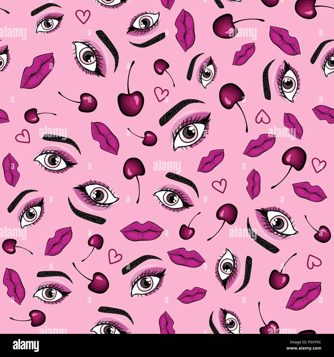 Girly eyes makeup with cherry seamless pattern. Vector illustration  isolated on pink background Stock Vector Image \u0026 Art - Alamy, image size:1300x1390