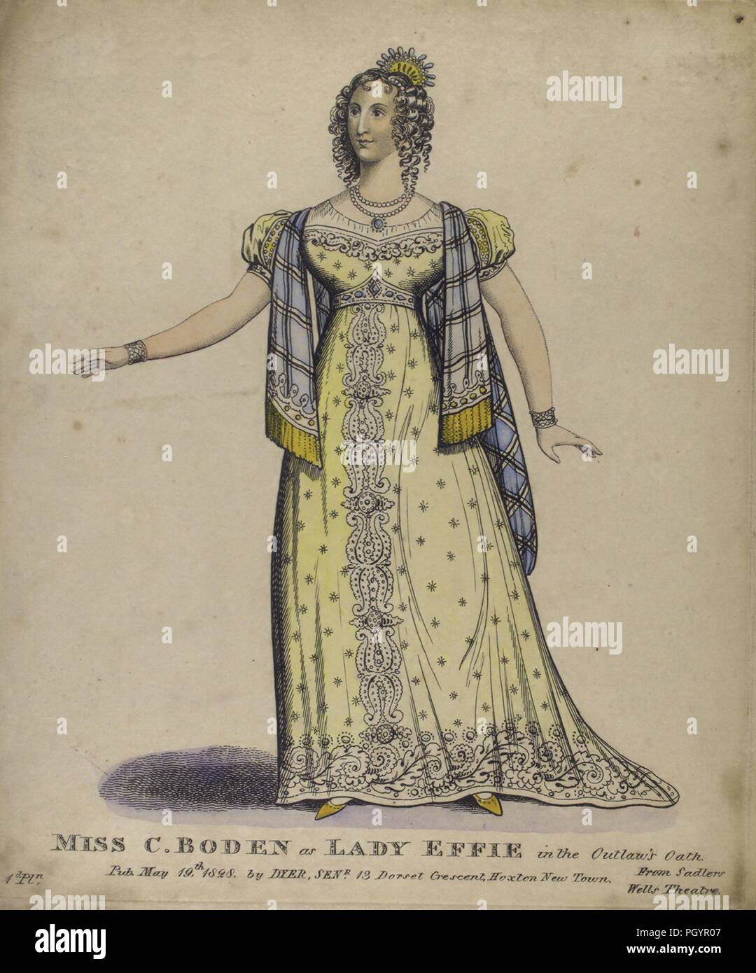 Lithograph of theatre portrait depicting the actor Miss C Boden as Lady Effie in the Outlaw's Oath, 1828. From the New York Public Library. () Stock Photo