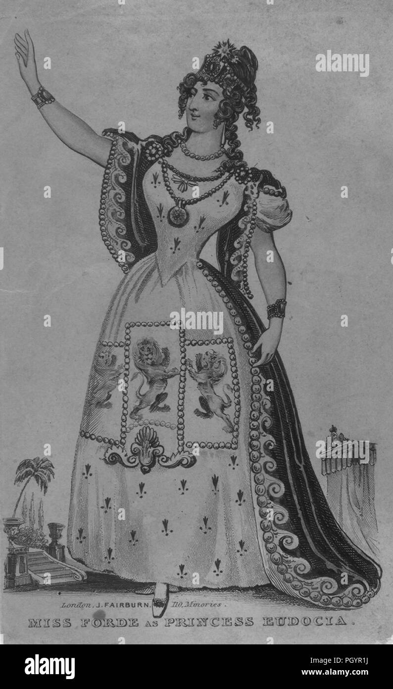 Black and white print depicting a full-length portrait of British actor Miss Forde, reaching one arm forward and looking away from the viewer, wearing a Victorian dress with three lions on the skirt, a tiara, and her hair arranged in elaborate curls cascading down her neck, while performing the role of Princess Eudocia from JR Planche's drama 'The Jewess, ' published in London by J Fairburn, 1835. From the New York Public Library. () Stock Photo