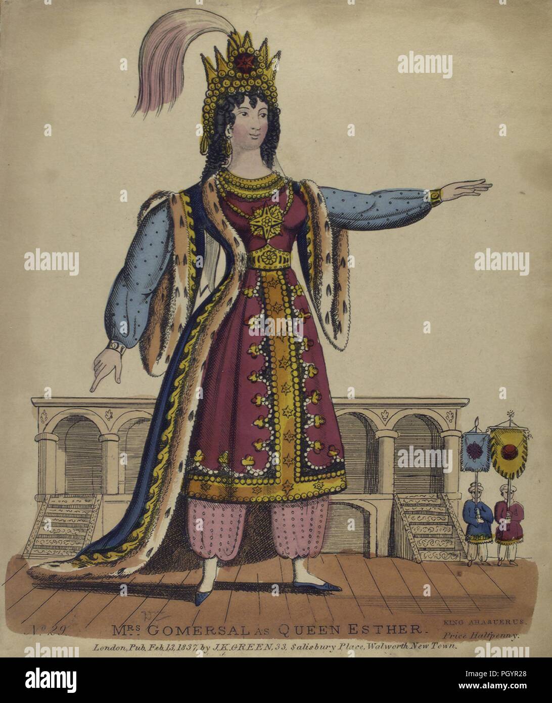 Color print, likely a watercolour tinsel print, hand-painted, and decorated with scraps of tinsel and other materials, depicting a full-length portrait of British actress Mrs Alexander E Gomersal, with a calm look on her face, extending one arm at shoulder level, dressed in a tunic, pantaloons, coat with ermine trim, and a crown with a feather or horse-tail, while performing the role of Queen Esther, from the play 'King Ahasuerus, ' published in London by JK Green, 1837. From the New York Public Library. () Stock Photo