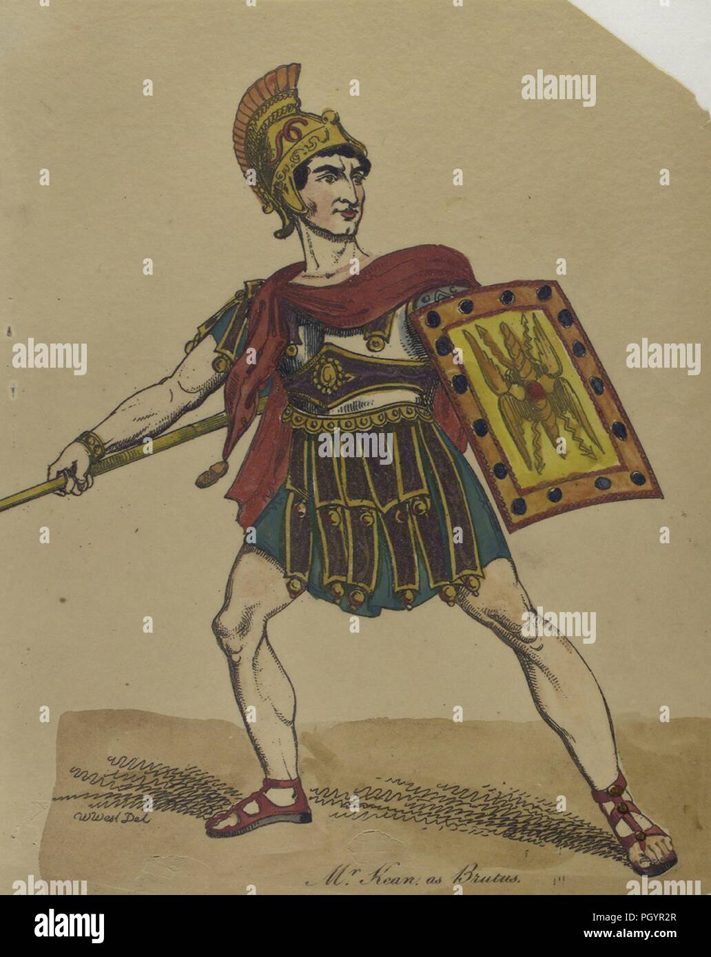 Color illustration, depicting a full-length view of British actor Edmund Kean as Brutus, with a serious expression on his face, holding a spear in one hand and a yellow shield in the other hand, dressed in a golden helmet with a short red tuft, silver chest armour, and a purple and blue skirted tunic, with a red sash and sandals, while performing the role of Brutus from a production of Shakespeare's 'Julius Caesar, ' signed W West Del, 1820. From the New York Public Library. () Stock Photo