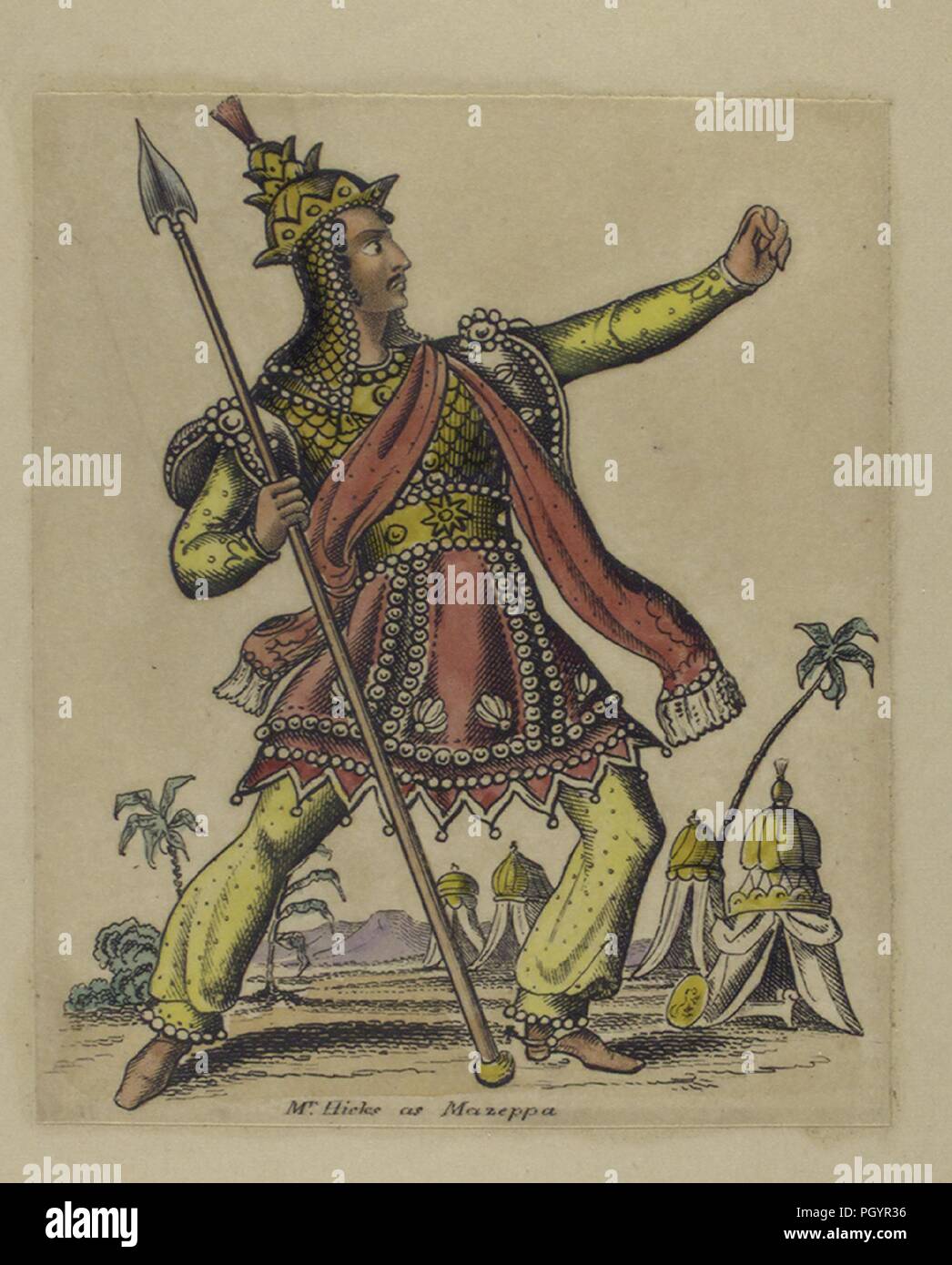 Color print, likely a hand-colored etching, depicting a full-length, three-quarter profile view of British actor Mr Hicks, with an angry expression on his face, holding a spear in one hand, the other forming a raised fist, dressed in a gold helmet with a short red tuft, gold top and pantaloons, silver and gold armor, and a red skirted tunic and sash, while performing the titular role from a theatrical production of Lord Byron's poem, 'Mazeppa', 1852. From the New York Public Library. () Stock Photo