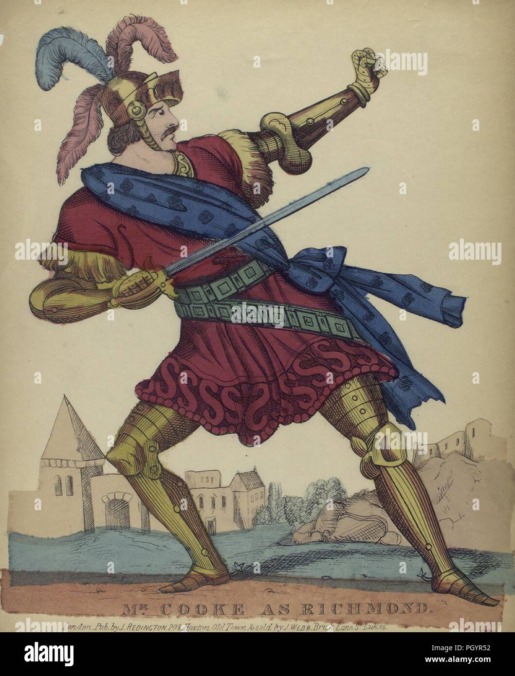 Hand-colored print, depicting a full-length view of British actor Mr Cooke, with a serious look on his face, holding a sword in one hand and forming a raised fist with the other hand, dressed in a gold helmet with red and blue feathers, golden armour, and a red skirted tunic with a blue sash, while performing the role of 'Richmond, ' published in London by J Redington, 1823. From the New York Public Library. () Stock Photo