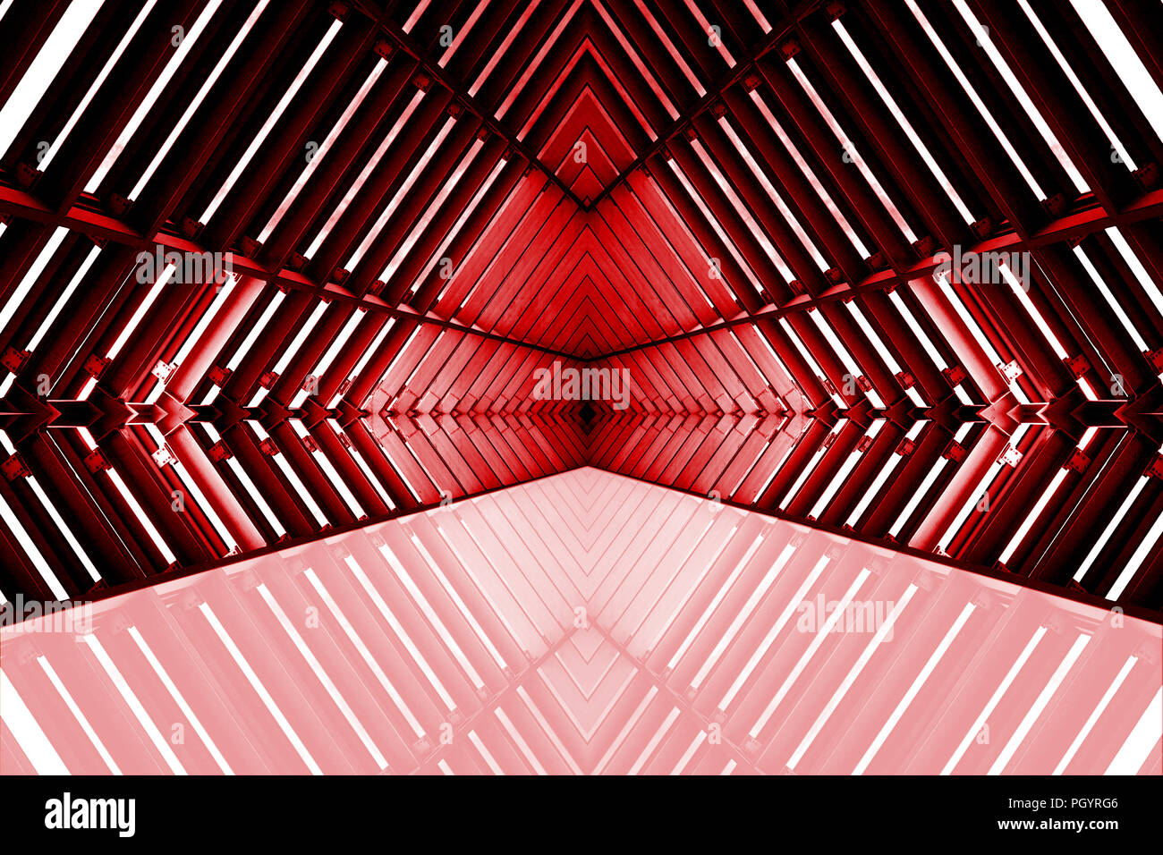 design of architecture metal structure similar to spaceship interior. abstract modern architecture in red light photo. Stock Photo