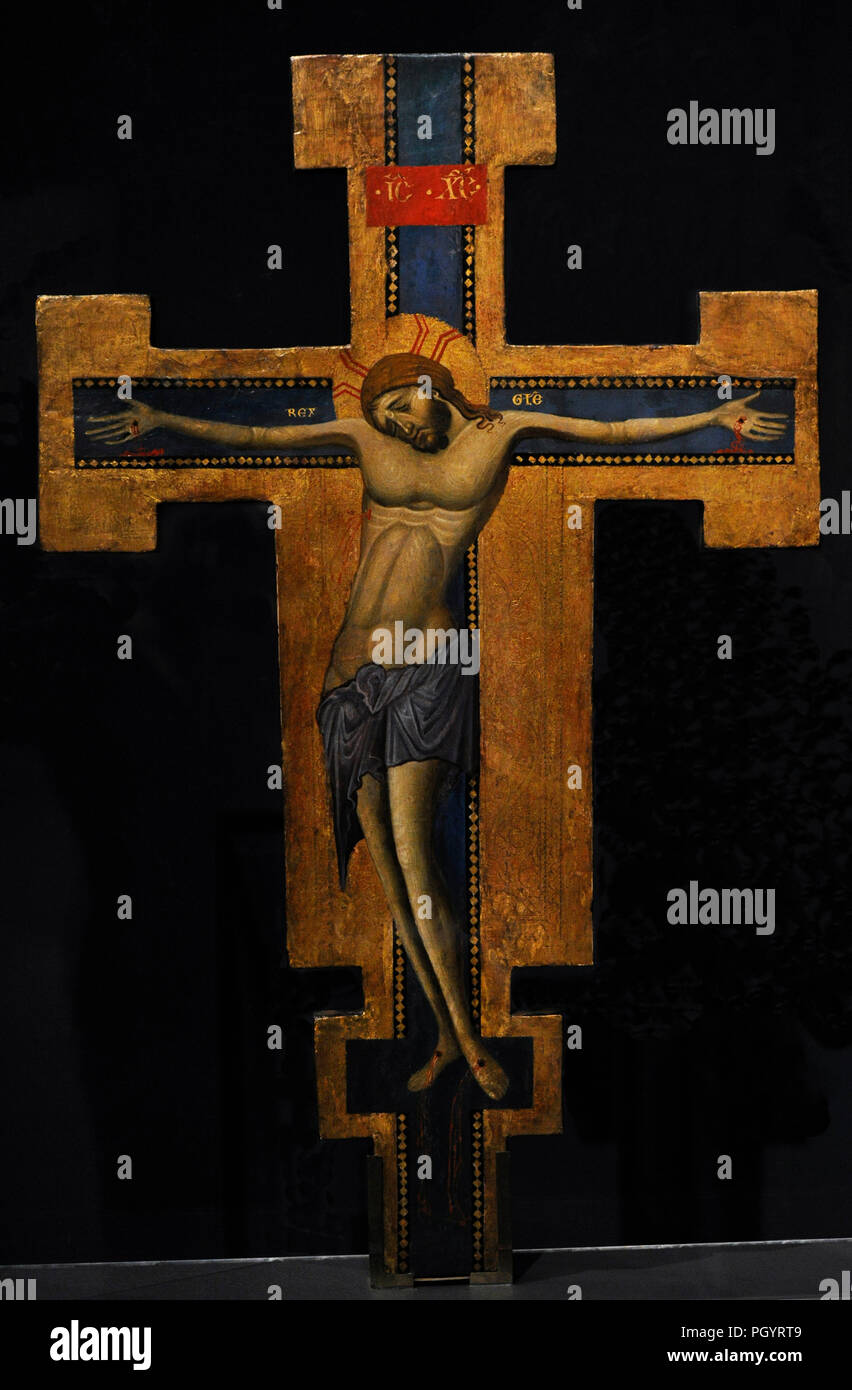Master of the blue crucifixes (active in Assisi and Perugia between 1265 and 1275). Processional cross, painted on both sides. 1265-1275. Wallraf-Richartz Museum. Cologne. Germany. Stock Photo